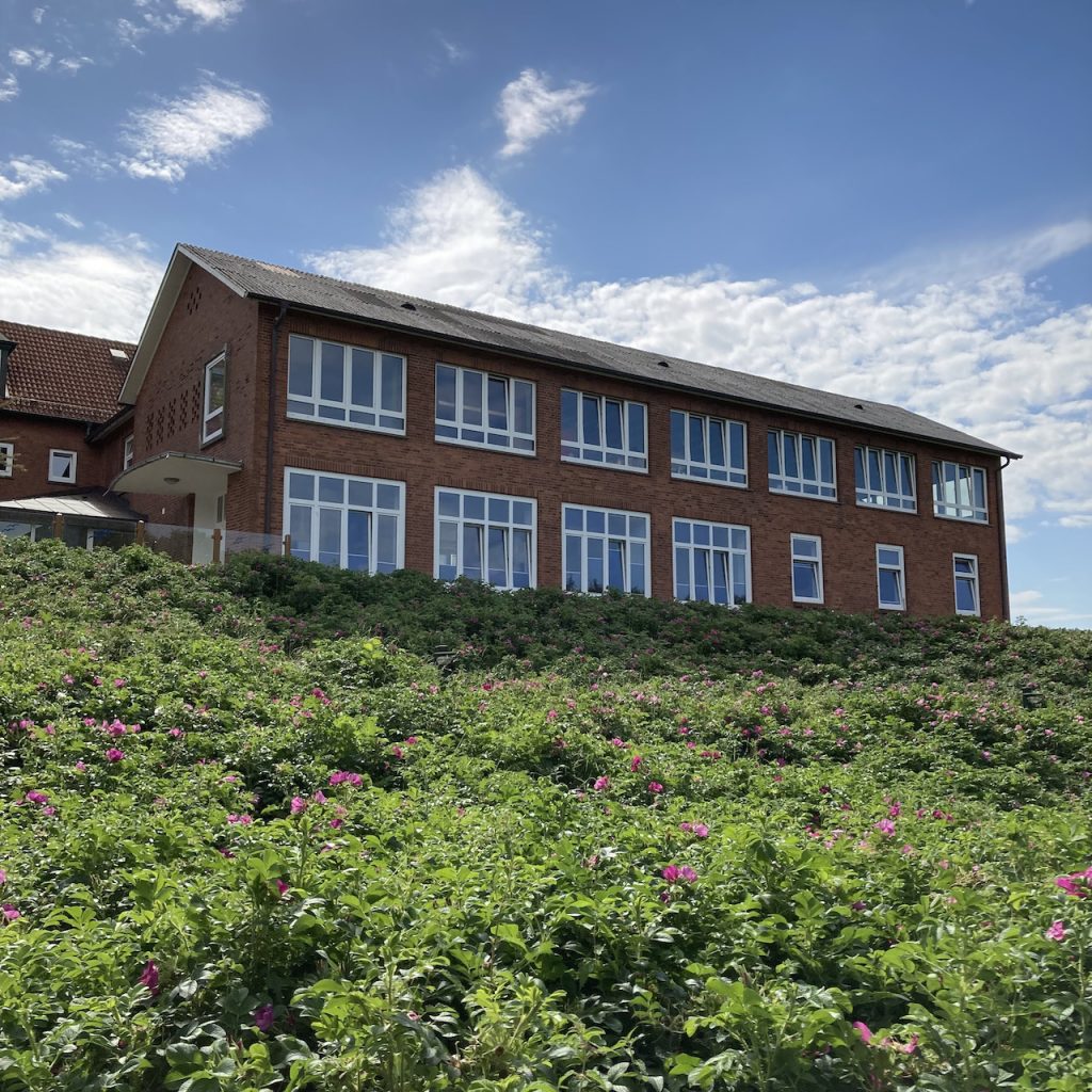 Das medizinische Zentrum der AOK-Nordseeklinik auf einem Hügel von Heckenrosen umgeben, der Himmel darüber blau mit wenigen weißen Wölkchen