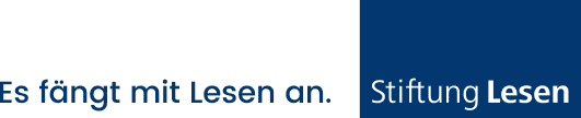 Das Logo der Stiftung Lesen. Links steht Blau auf Weiß: Es fängt mit Lesen an. Rechts steht Weiß auf Blau: Stiftung Lesen.